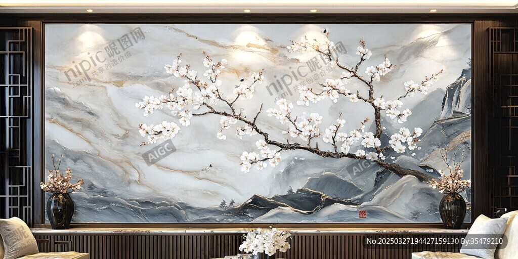 中式客厅玉兰花山水背景墙