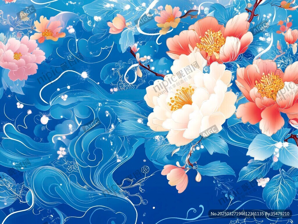 蓝底繁花国风浪漫图案