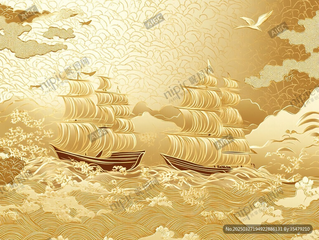 金色双帆船于云海间航行
