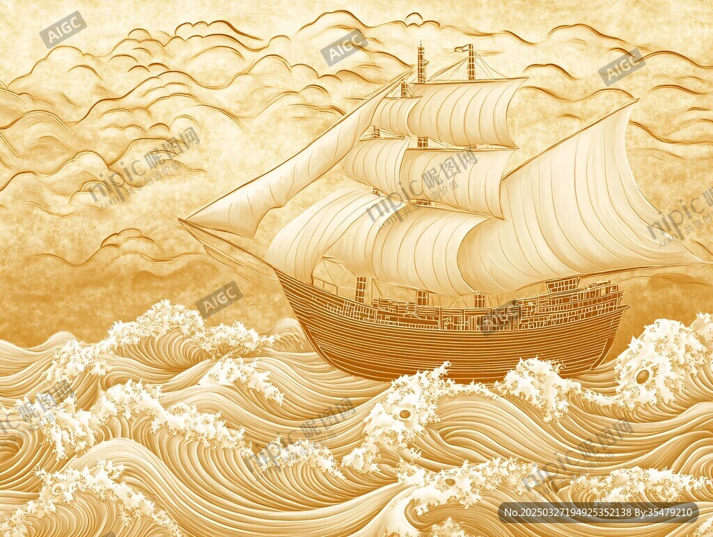 金色帆船在波涛云海中航行