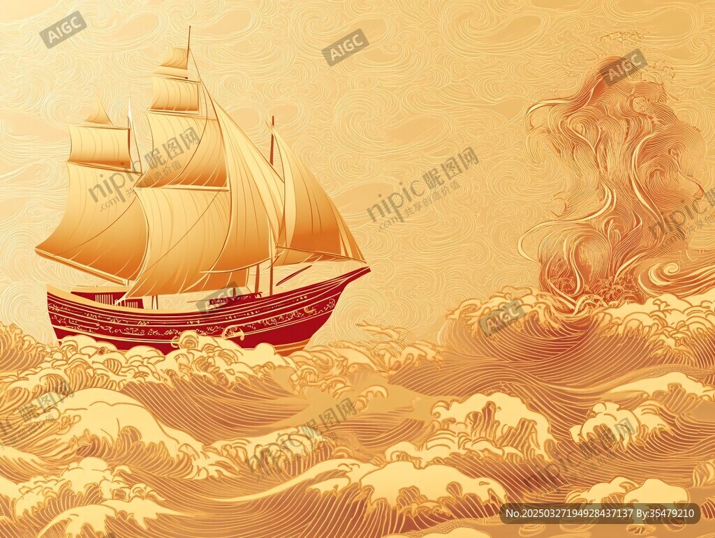 扬帆破浪的古风航船画面