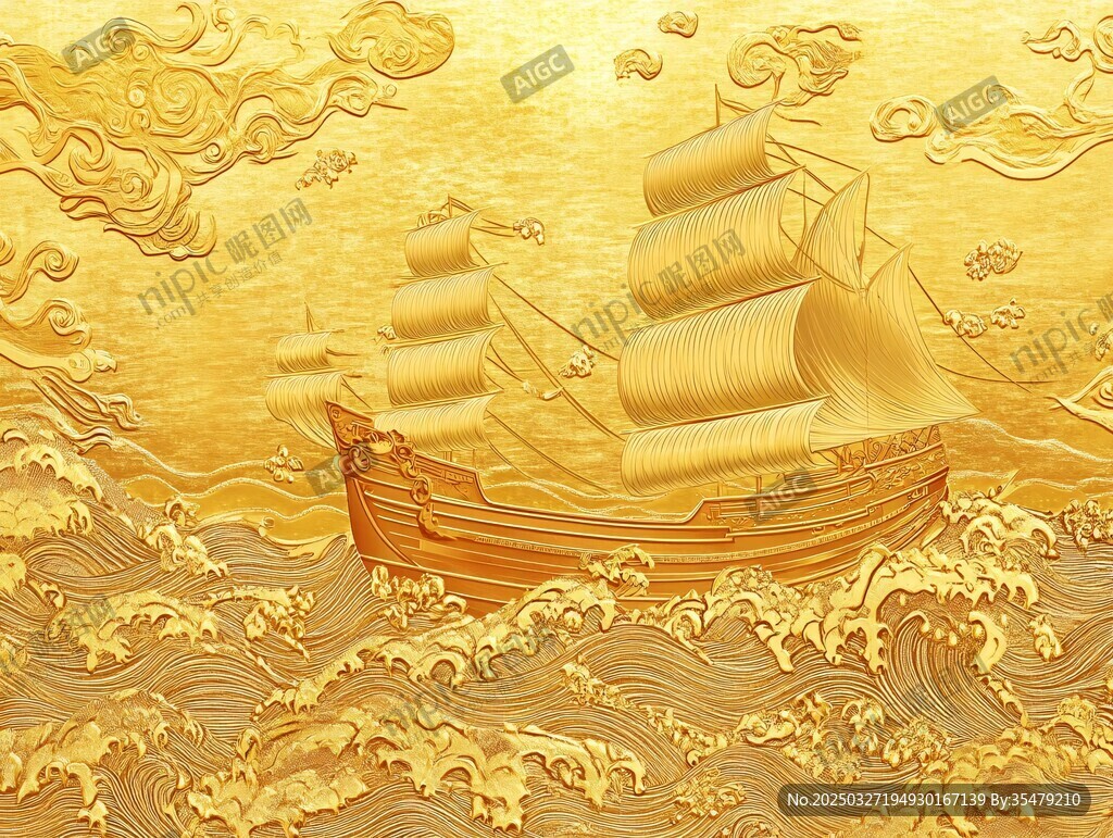 金色帆船破浪云海图景