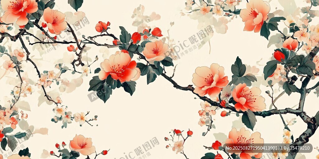 中式花卉图案 典雅水墨画风