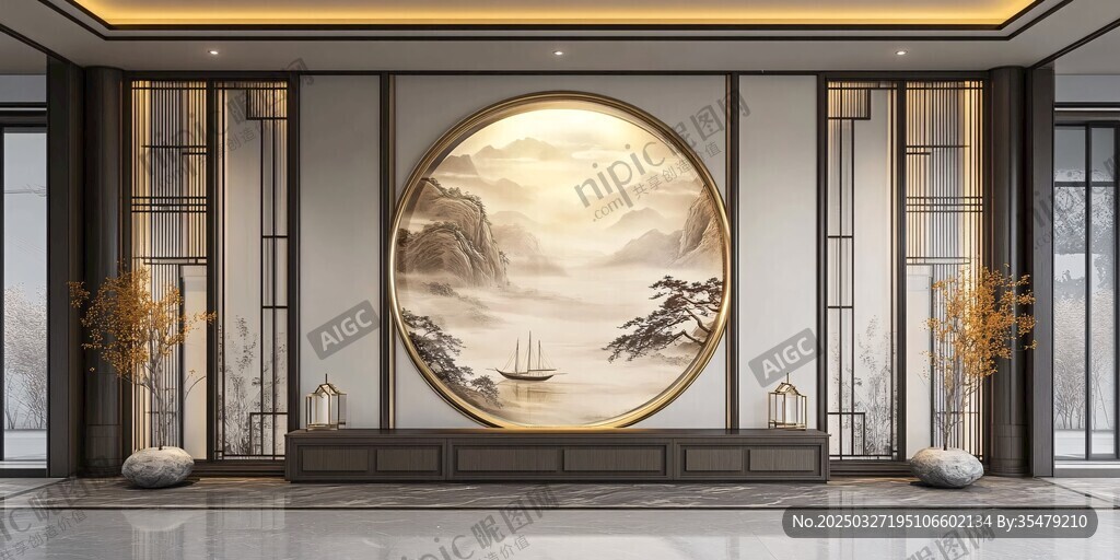 中式大厅的山水壁画装饰