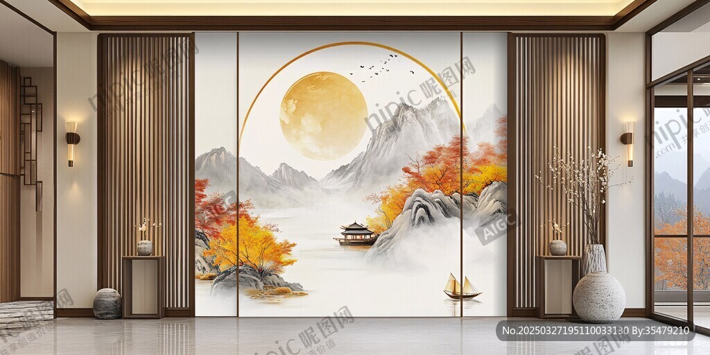 中式山水玄关装饰壁画