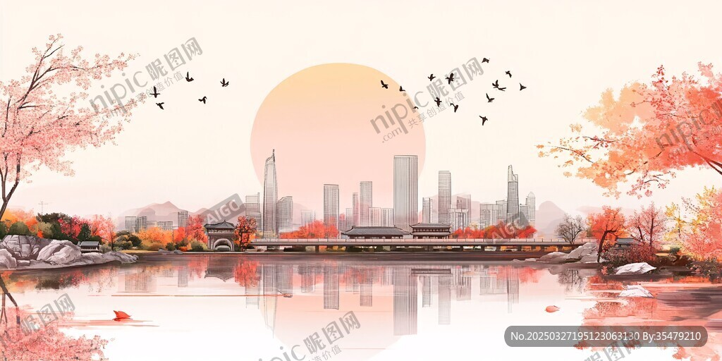 秋日湖畔城市诗意美景