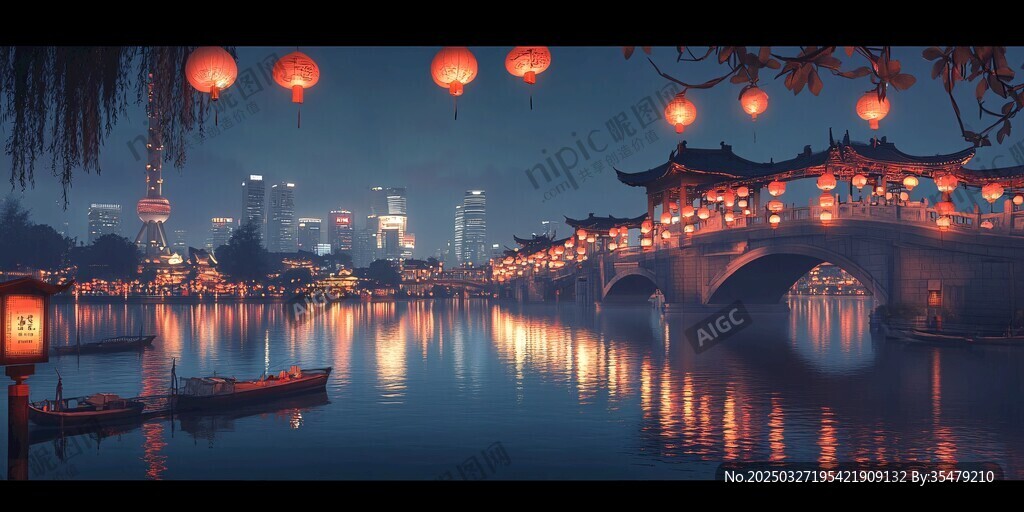夜泊古桥畔 灯笼映水乡