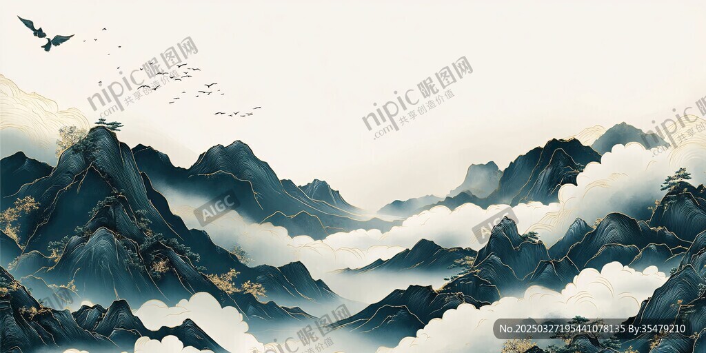 水墨山川飞鸟诗意画卷