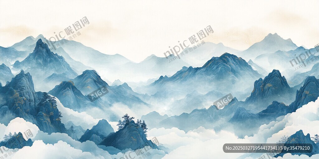 水墨群山云雾缭绕美景