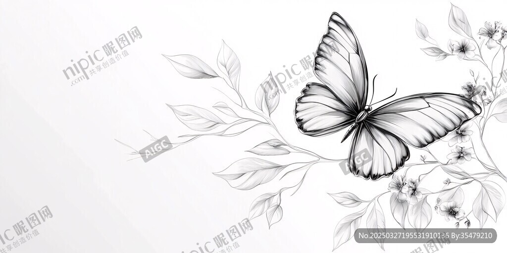 黑白蝴蝶栖于花枝