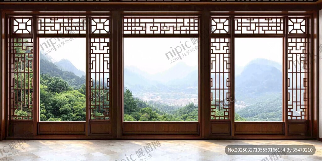 中式木窗揽青山美景