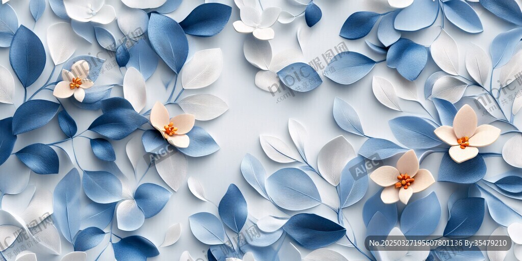 蓝白花卉立体纹理背景图