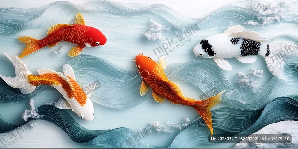立体浮雕风锦鲤水中畅游