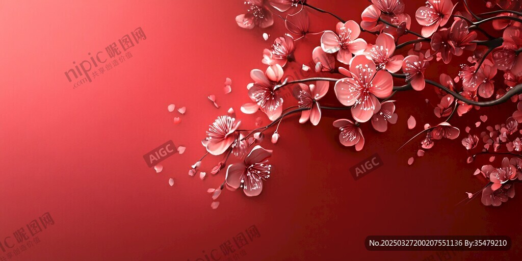 红梅绽放 红底唯美花卉图