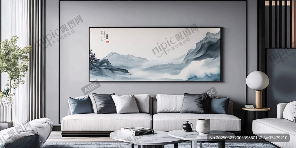 新中式客厅的雅致山水挂画