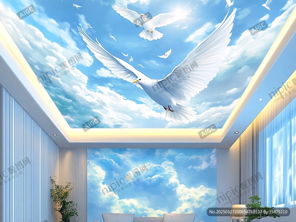 天空白鸽天花板壁画效果图
