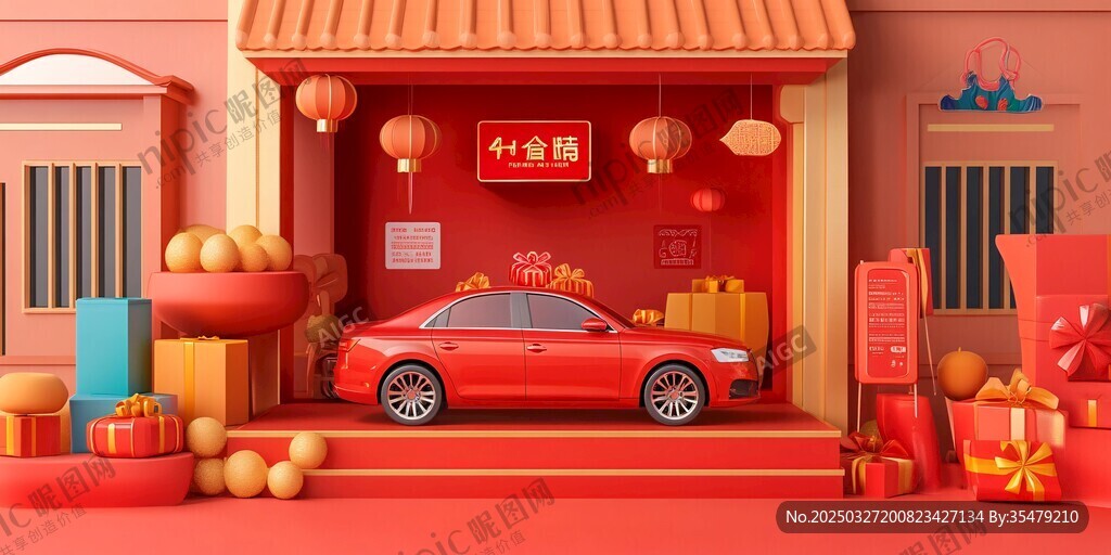 红色轿车喜庆促销场景