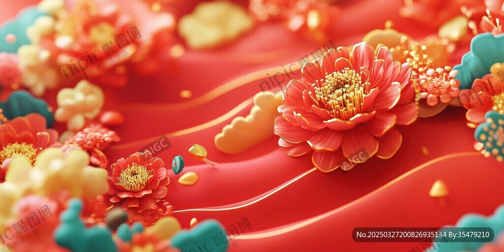 喜庆繁花装点红色背景
