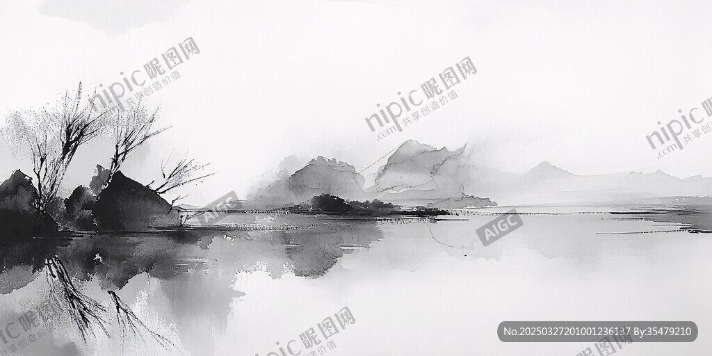 水墨山水湖面静谧之景