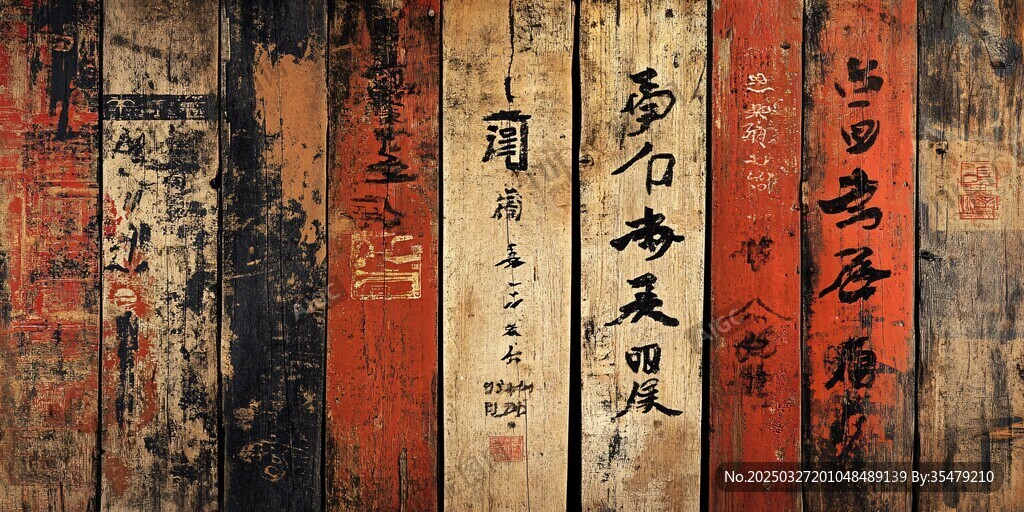 古旧木板上的中式书法文字