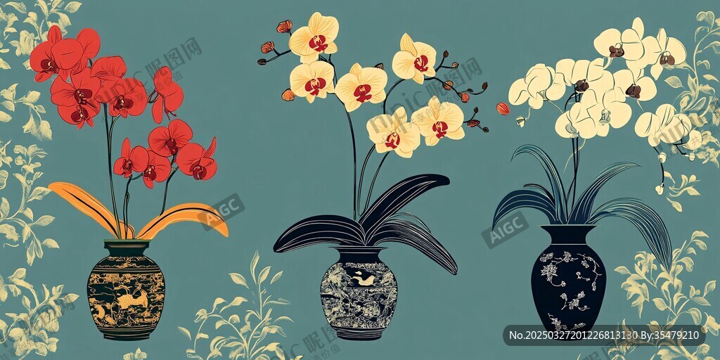三盆兰花插于古风花瓶中