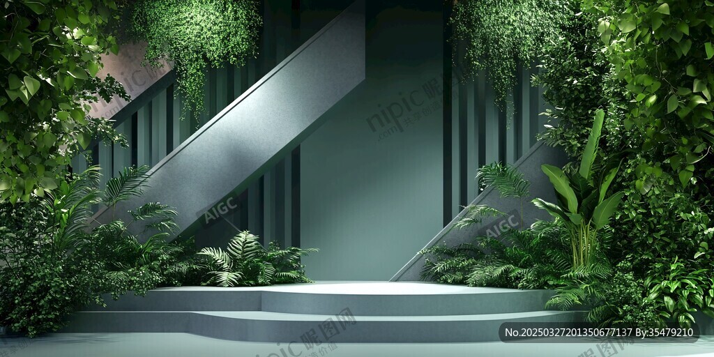 绿植环绕的现代简约展示台