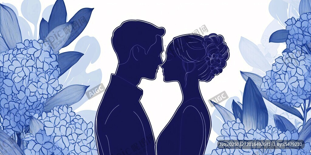 蓝调浪漫情侣花丛中依偎