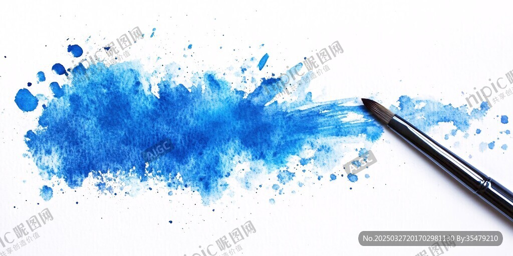 蓝色水彩笔触与画笔