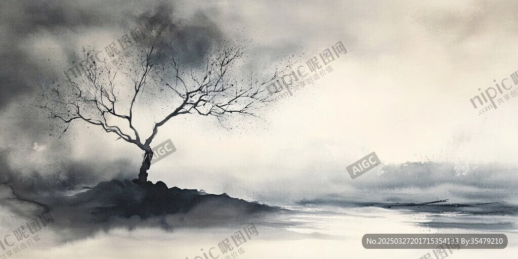 水墨孤树 天地苍茫意境图