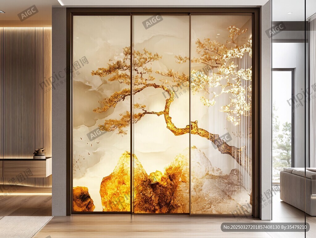 中式金松山水屏风隔断
