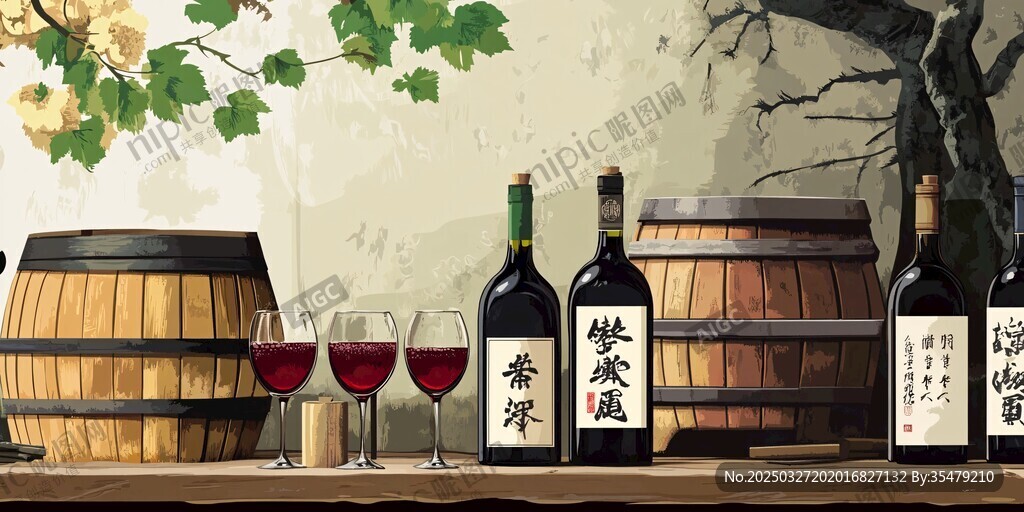 中式美酒与酒桶酒杯场景