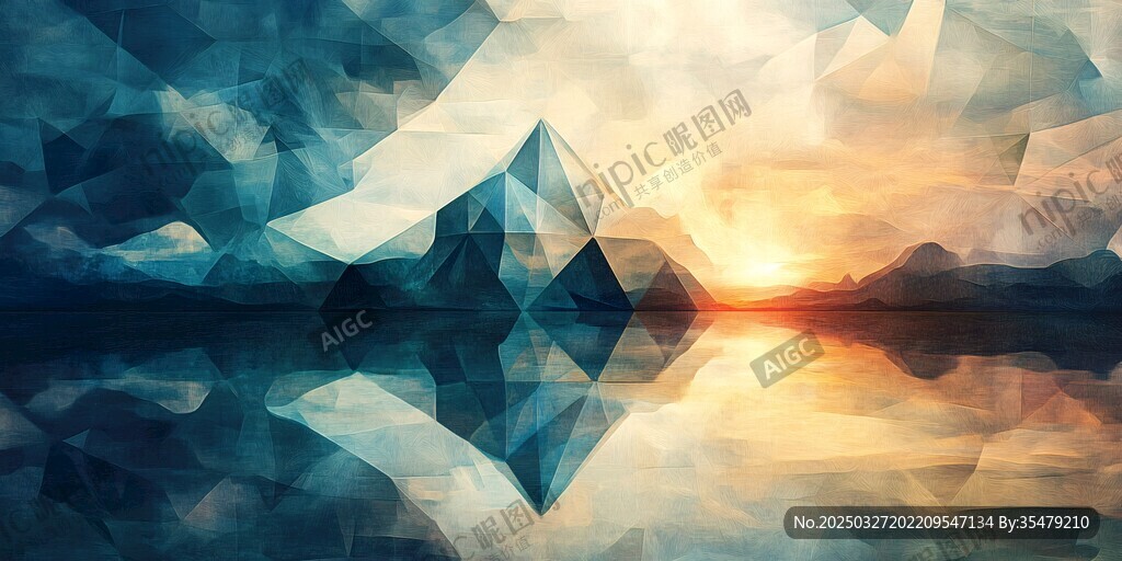 梦幻几何山水黄昏倒影图