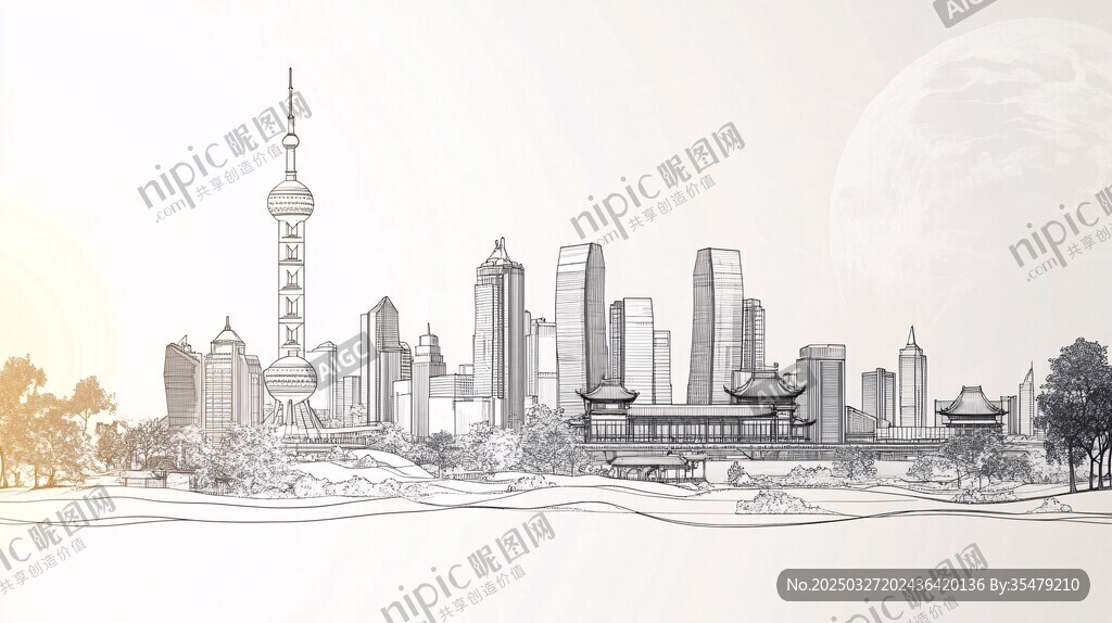 上海城市天际线水墨风图景
