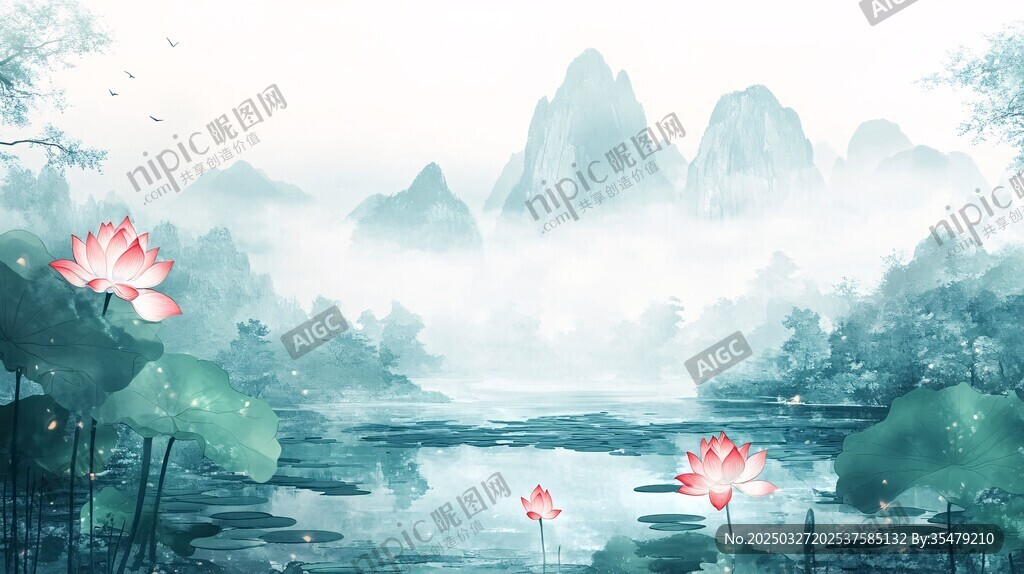 水墨山水间的绽放荷花