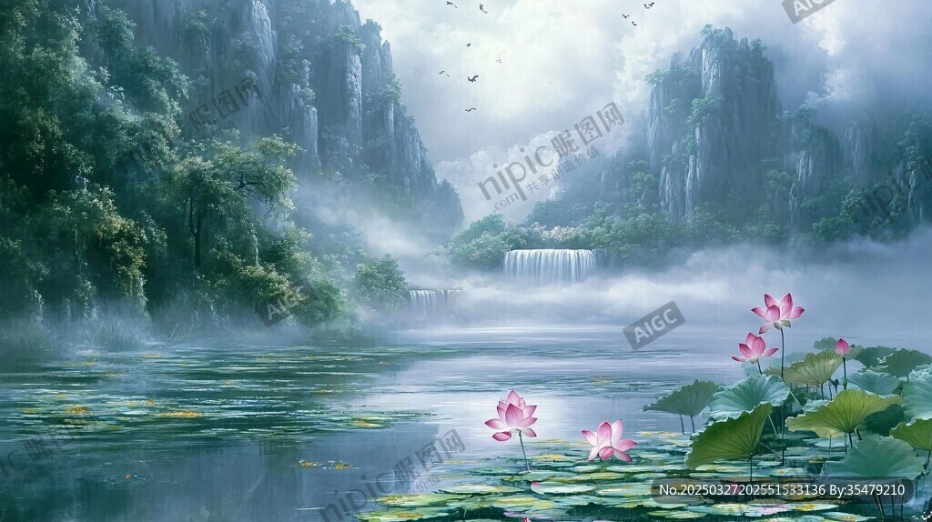 梦幻山水间的荷花景致