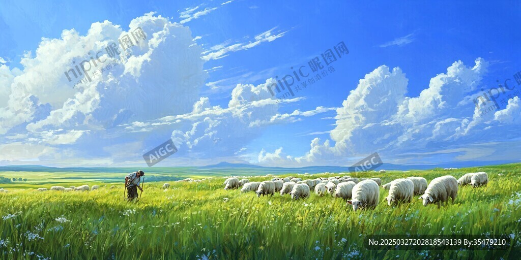 草原牧歌 牧羊人与群羊图景