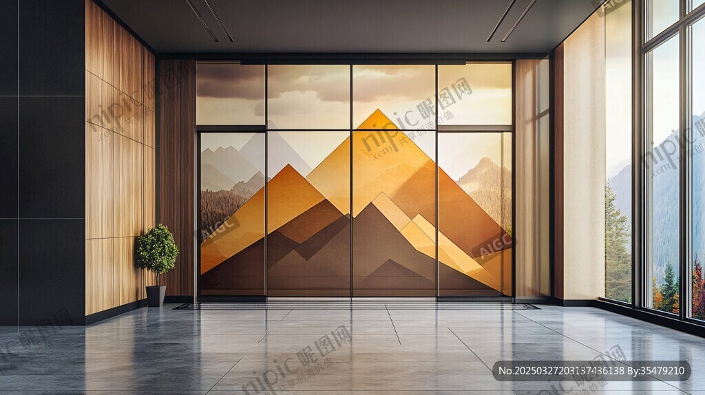 现代大厅的几何山峰墙饰