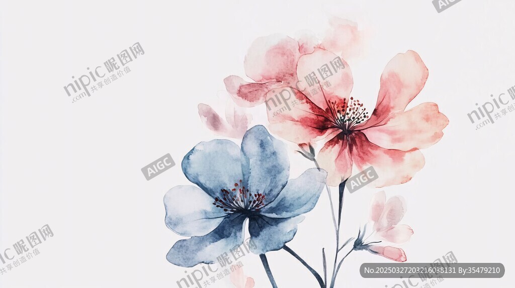水彩花卉 蓝粉花朵之美