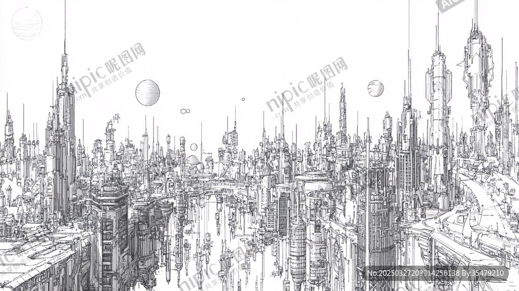 未来科幻都市景观线条画