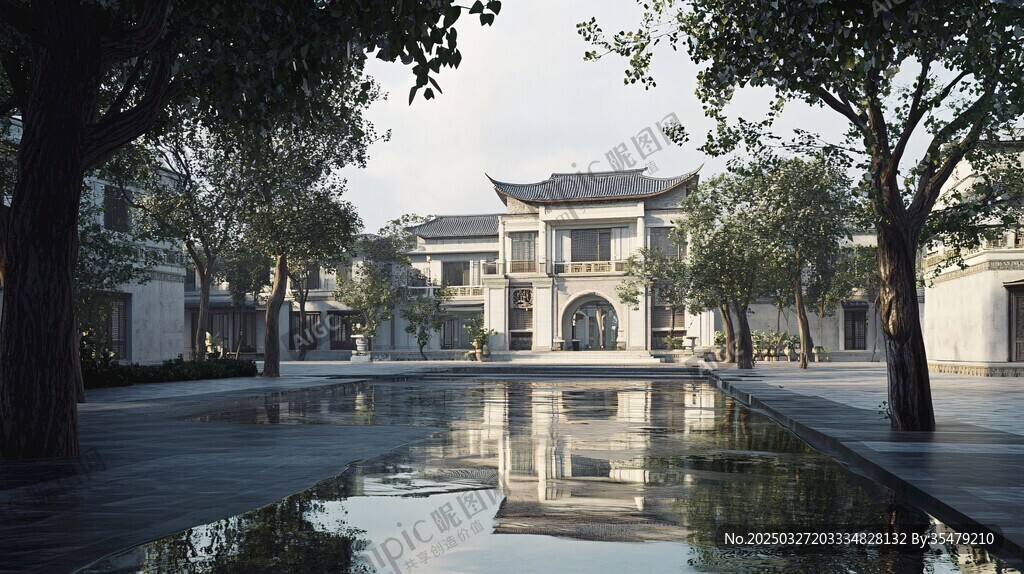 中式庭院水景与古典建筑