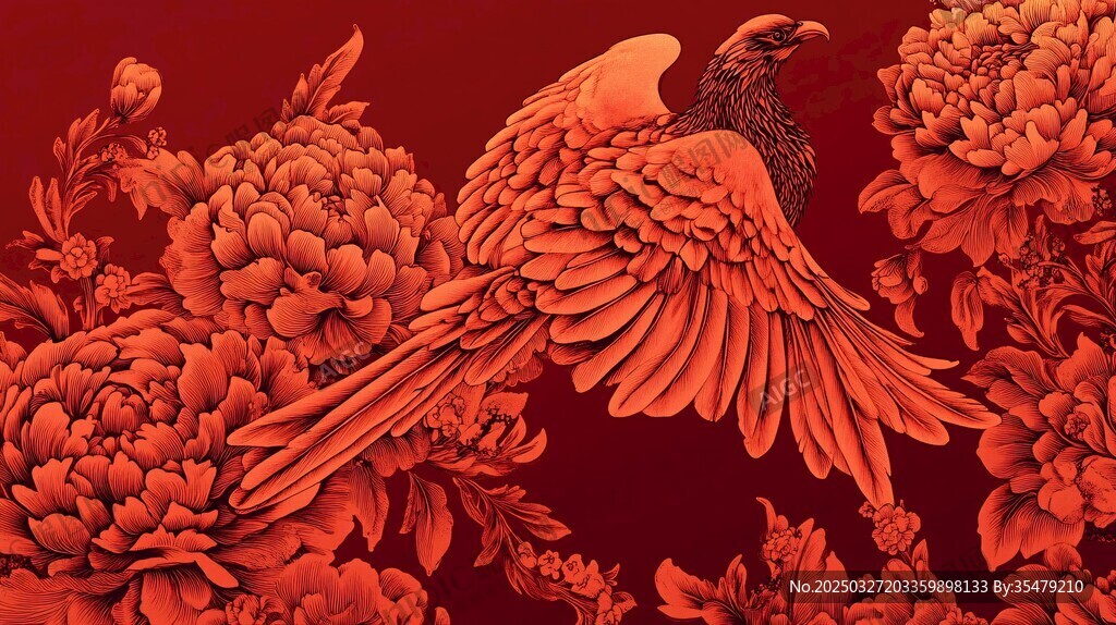 凤凰戏牡丹中式精美插画