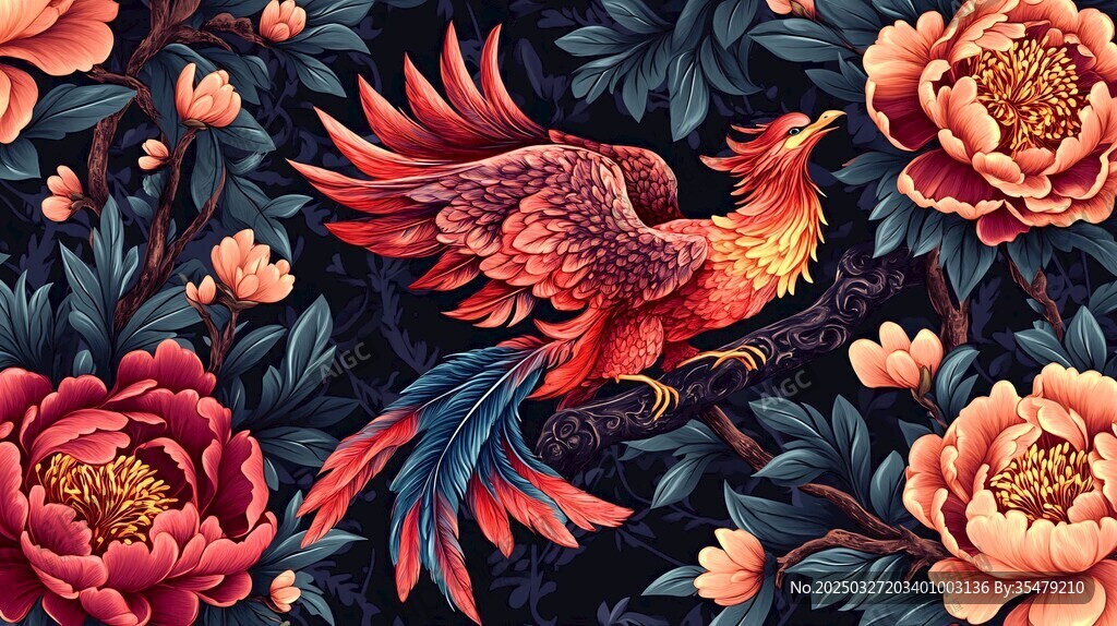 凤凰栖于牡丹花丛间