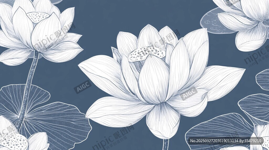 蓝底白描荷花图案设计