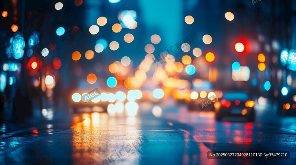 雨夜城市街道灯光美景