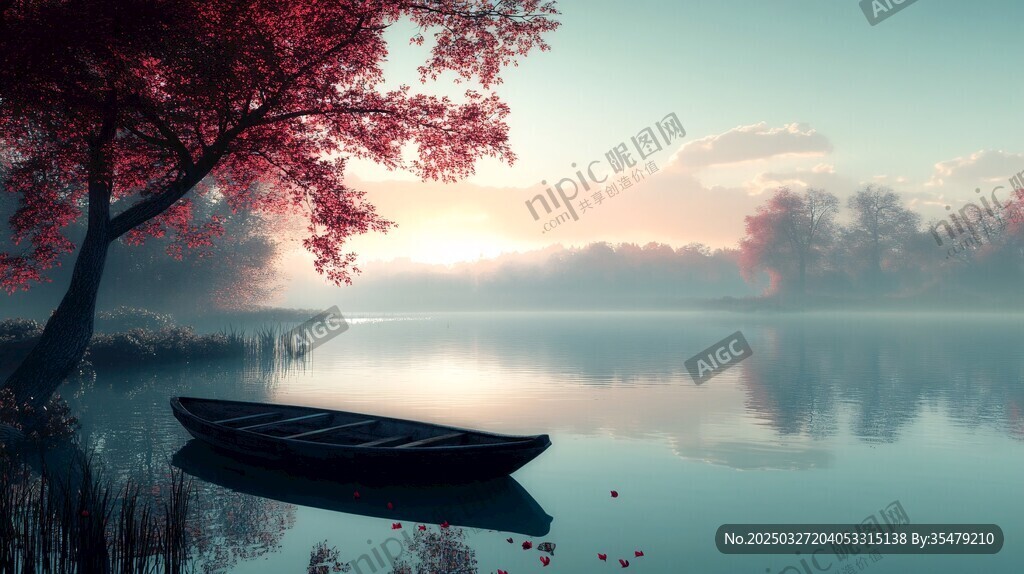 湖畔孤舟 红叶映晨景