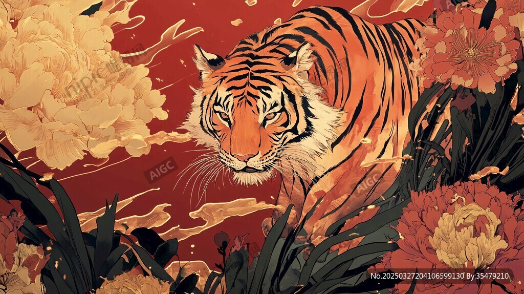 猛虎傲立繁花间