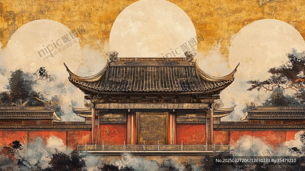 古风中式建筑与日月景致