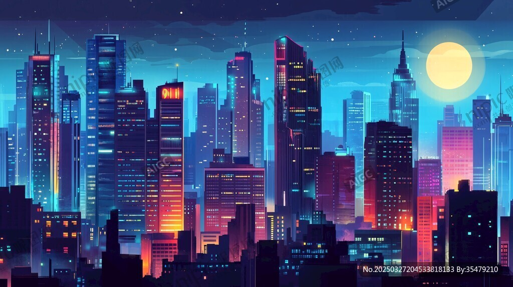 霓虹月夜下的繁华都市