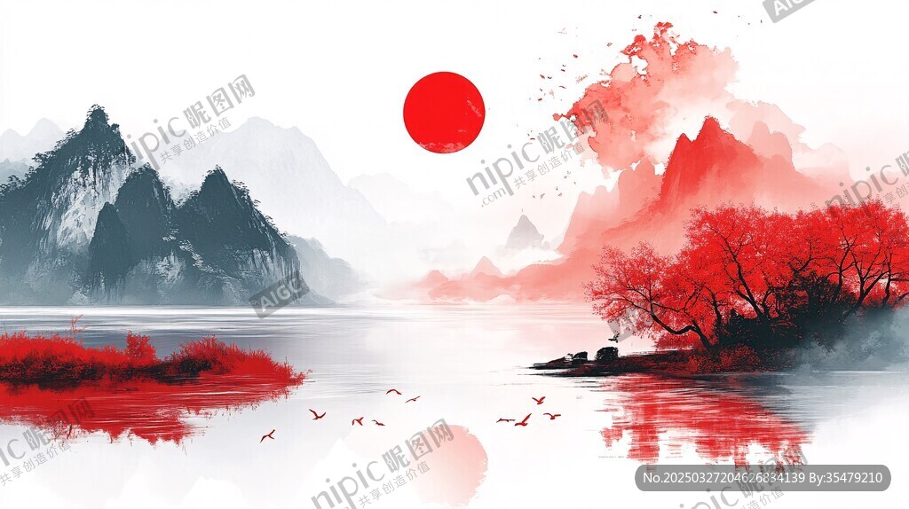 红日映山水诗意水墨画