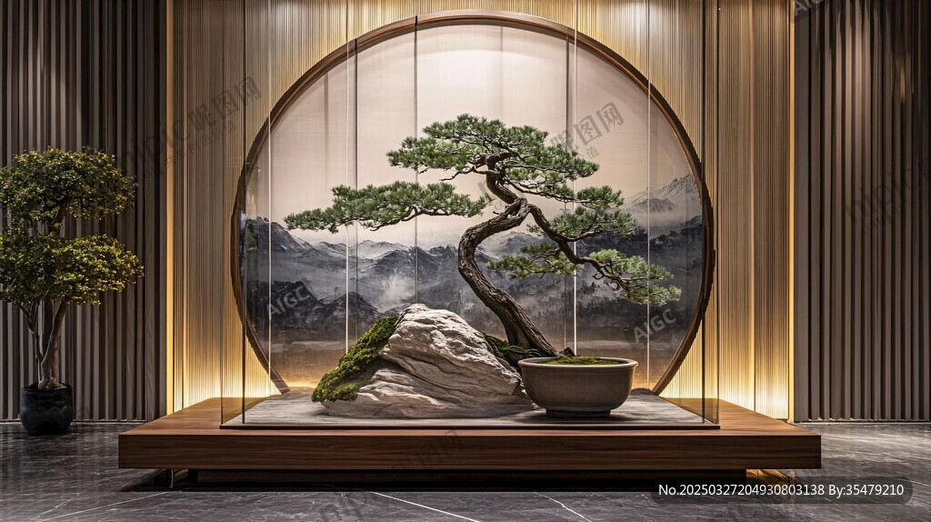 中式景墙前的雅致盆景